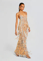 Mevia Sequin Fringe Crochet Dress