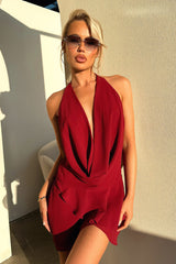 Cleo Plunge Cowl Neck Mini Dress - Burgundy