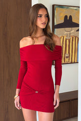 Ebonie Off-Shoulder Ribbed Mini Dress - Red