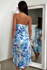 Jennifer Satin Midi Dress - Dark Blue Floral