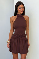 Kallie High Neck Mini Dress - Brown