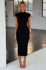 Quinn High Neck Knit Midi Dress - Black