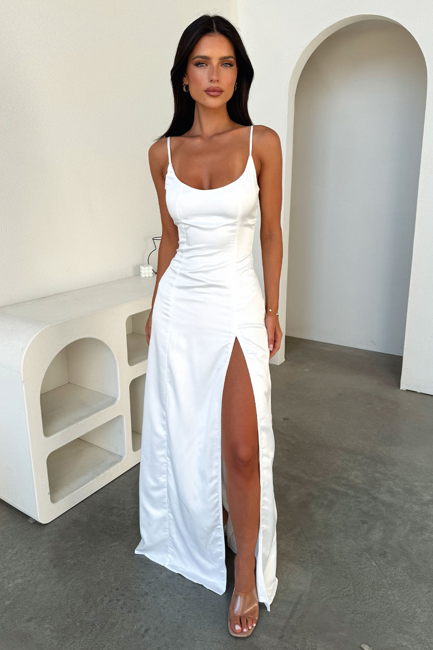Violetta Scoop Neck Satin Maxi Dress - White