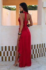 Wrenly V-Neck Satin Maxi Dress - Red