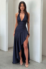 Wrenly V-Neck Satin Maxi Dress - Navy