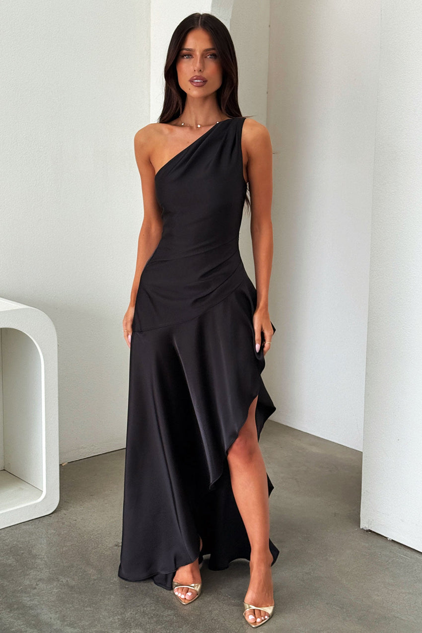 Leni One Shoulder Satin Maxi Dress - Black