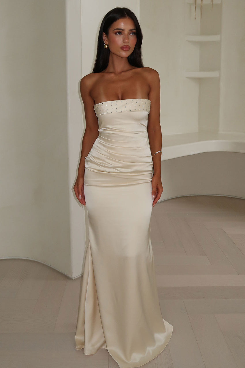 Ophelia Strapless Embellished Satin Maxi Dress - Champagne