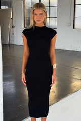 Quinn High Neck Knit Midi Dress - Black