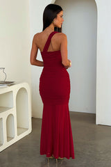 Salvatore One Shoulder Mesh Maxi Dress - Burgundy