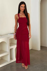 Salvatore One Shoulder Mesh Maxi Dress - Burgundy